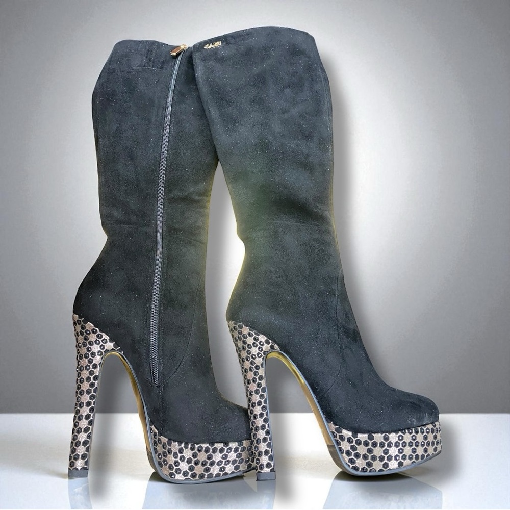 Elegant S.E.Lena Black Suede High Heel Platform Knee High Boots Size 35 (5) - Picture 12 of 16